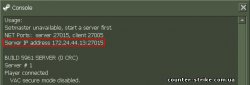 Консоль с IP адресом сервера Counter-Strike 1.6